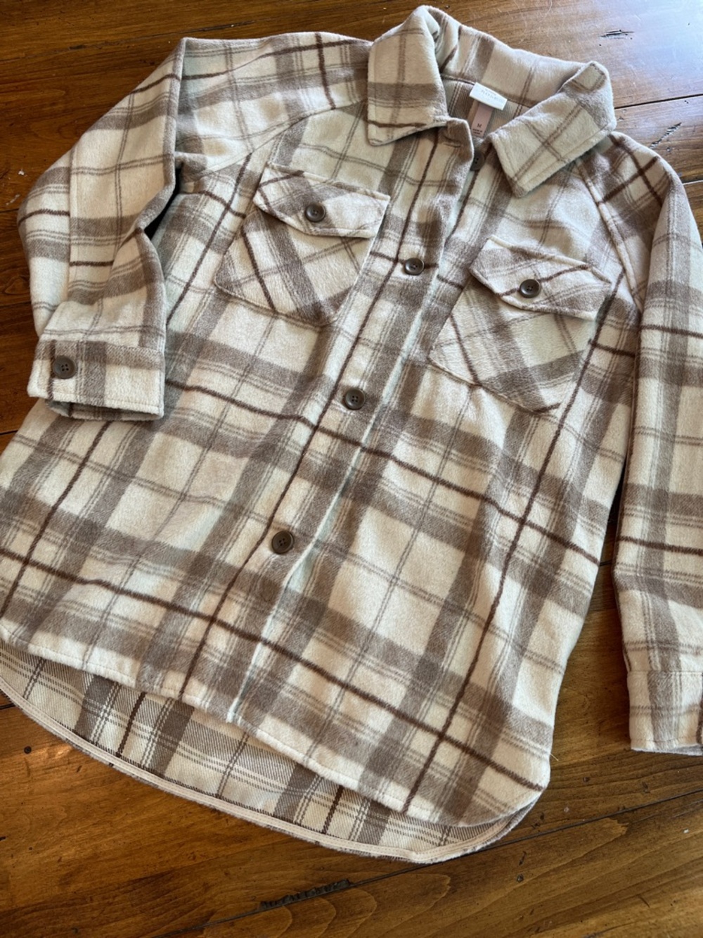 Knox Rose Cream & Brown Plaid Button Shacket